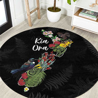 Kia Ora New Zealand Floral Round Carpet Black - Polynesian Pride