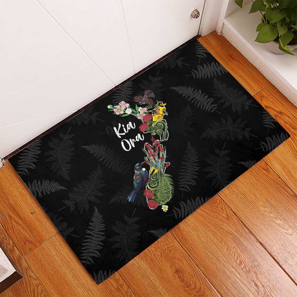 Kia Ora New Zealand Floral Rubber Doormat Black LT7 - Polynesian Pride