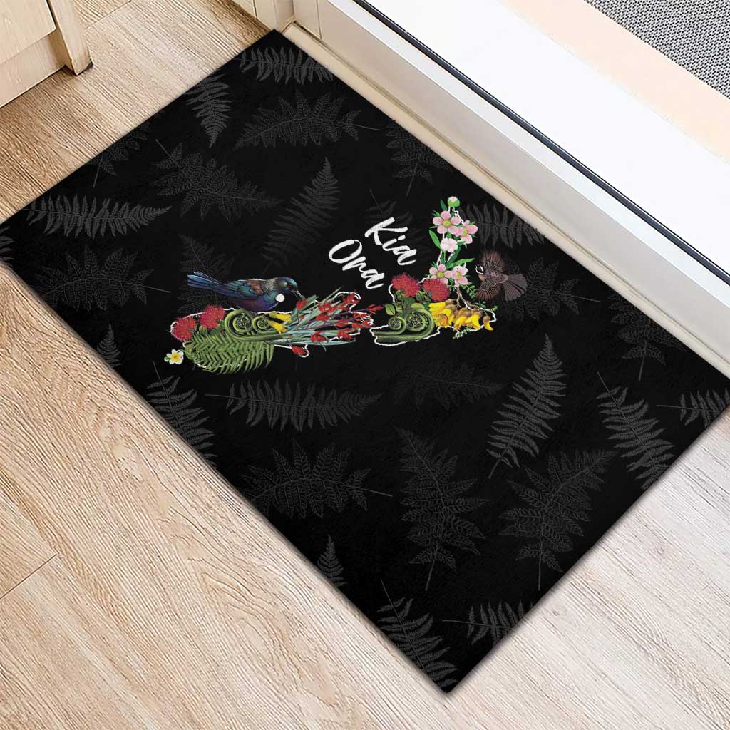Kia Ora New Zealand Floral Rubber Doormat Black LT7 - Polynesian Pride