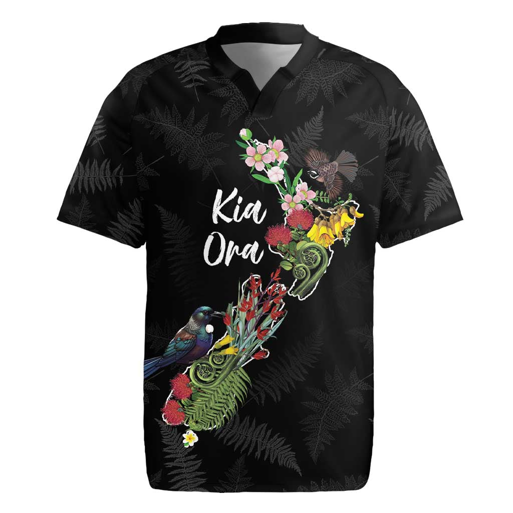 Kia Ora New Zealand Floral Personalized Rugby Jersey Black - Polynesian Pride