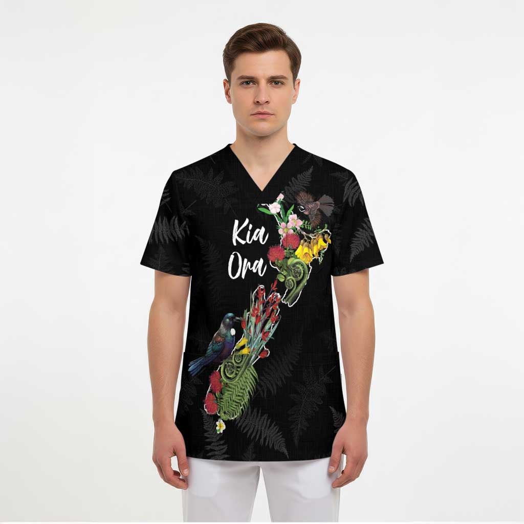 Kia Ora New Zealand Floral Personalized Scrub Top Black LT7 - Polynesian Pride