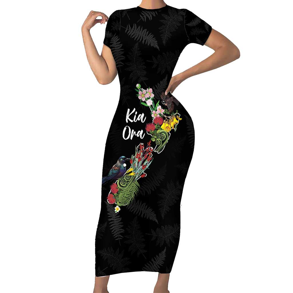 Kia Ora New Zealand Floral Personalized Short Sleeve Bodycon Dress Black - Polynesian Pride