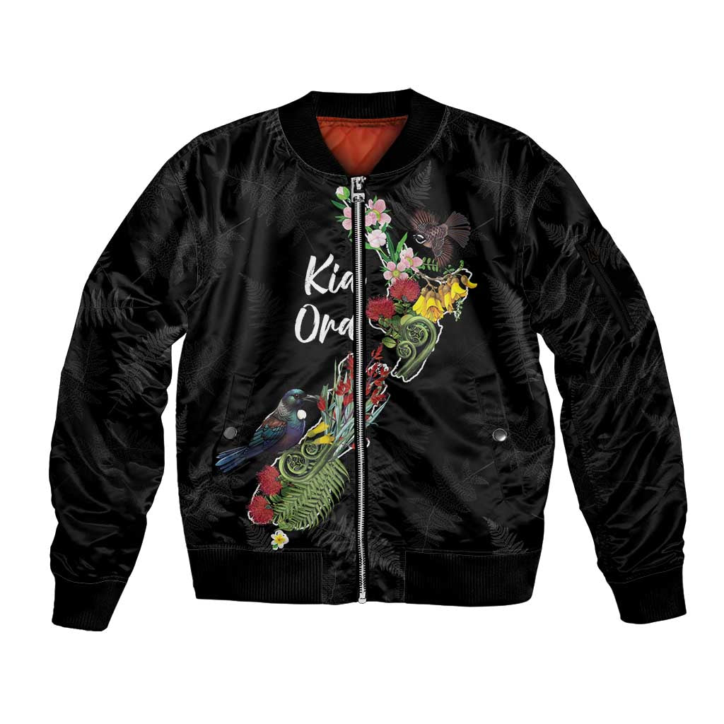 Kia Ora New Zealand Floral Personalized Sleeve Zip Bomber Jacket Black LT7 Unisex Black - Polynesian Pride