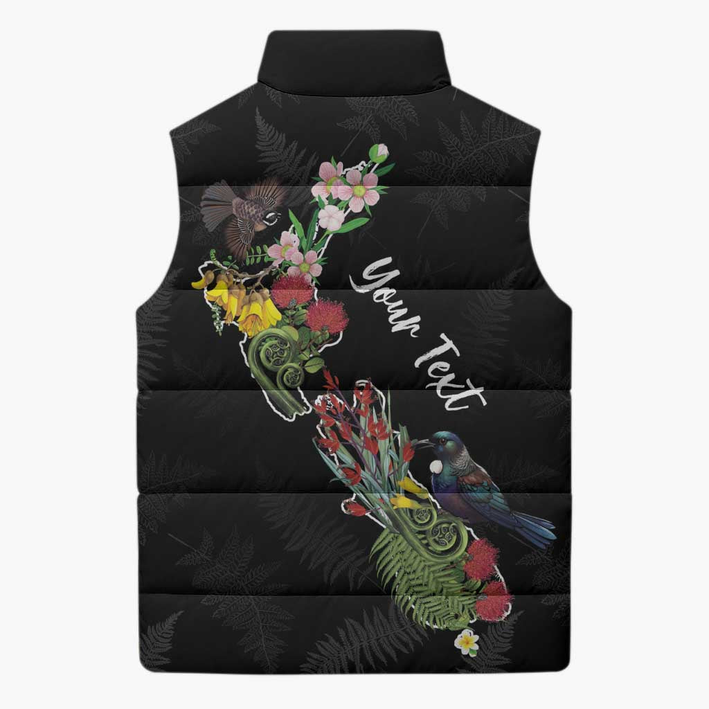 Kia Ora New Zealand Floral Personalized Sleeveless Puffer Jacket Black LT7 - Polynesian Pride