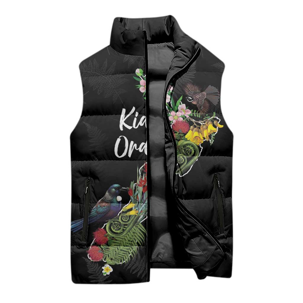 Kia Ora New Zealand Floral Personalized Sleeveless Puffer Jacket Black LT7 - Polynesian Pride