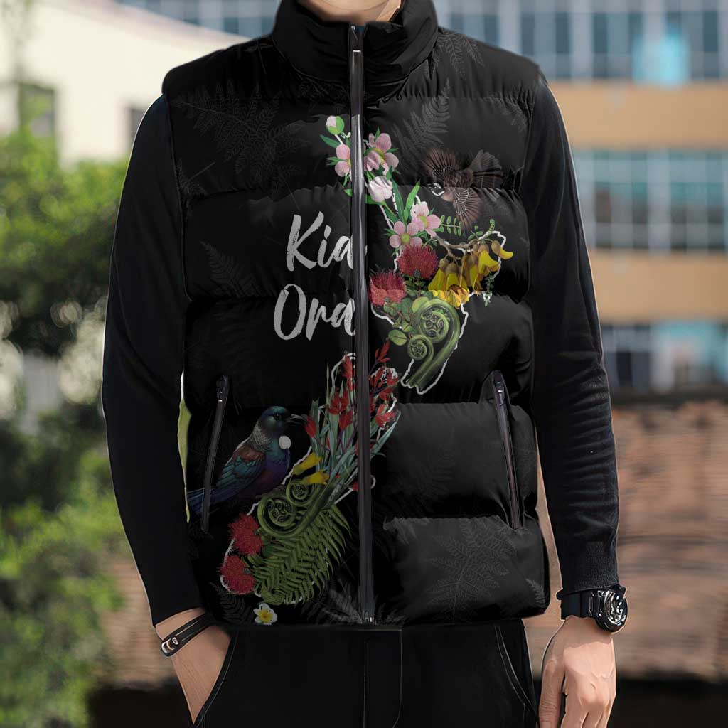 Kia Ora New Zealand Floral Personalized Sleeveless Puffer Jacket Black LT7 - Polynesian Pride