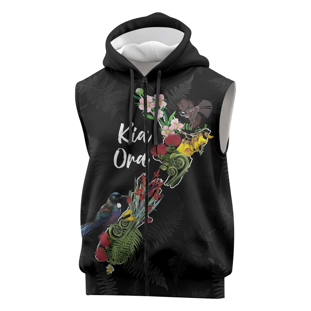 Kia Ora New Zealand Floral Personalized Sleeveless Zip Hoodie Black - Polynesian Pride