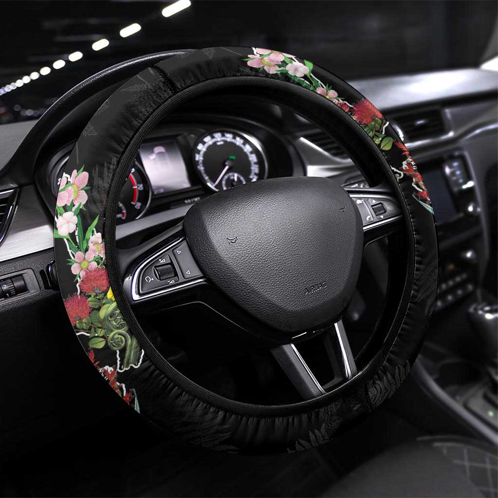 Kia Ora New Zealand Floral Steering Wheel Cover Black LT7 Universal Fit Black - Polynesian Pride