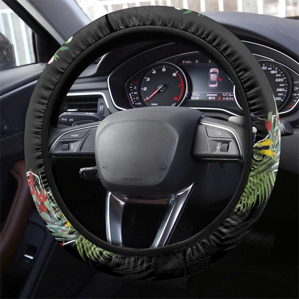 Kia Ora New Zealand Floral Steering Wheel Cover Black LT7 - Polynesian Pride