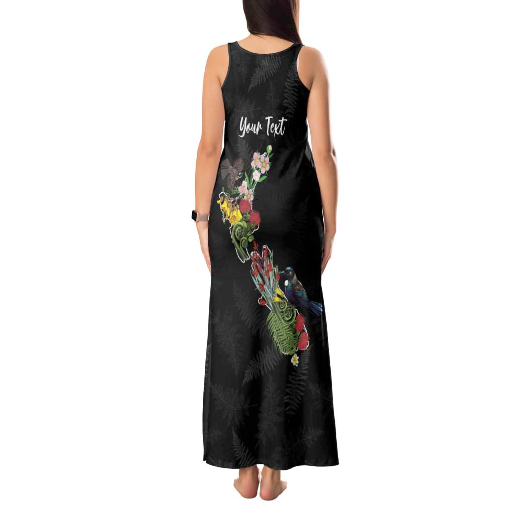 Kia Ora New Zealand Floral Personalized Tank Maxi Dress Black - Polynesian Pride