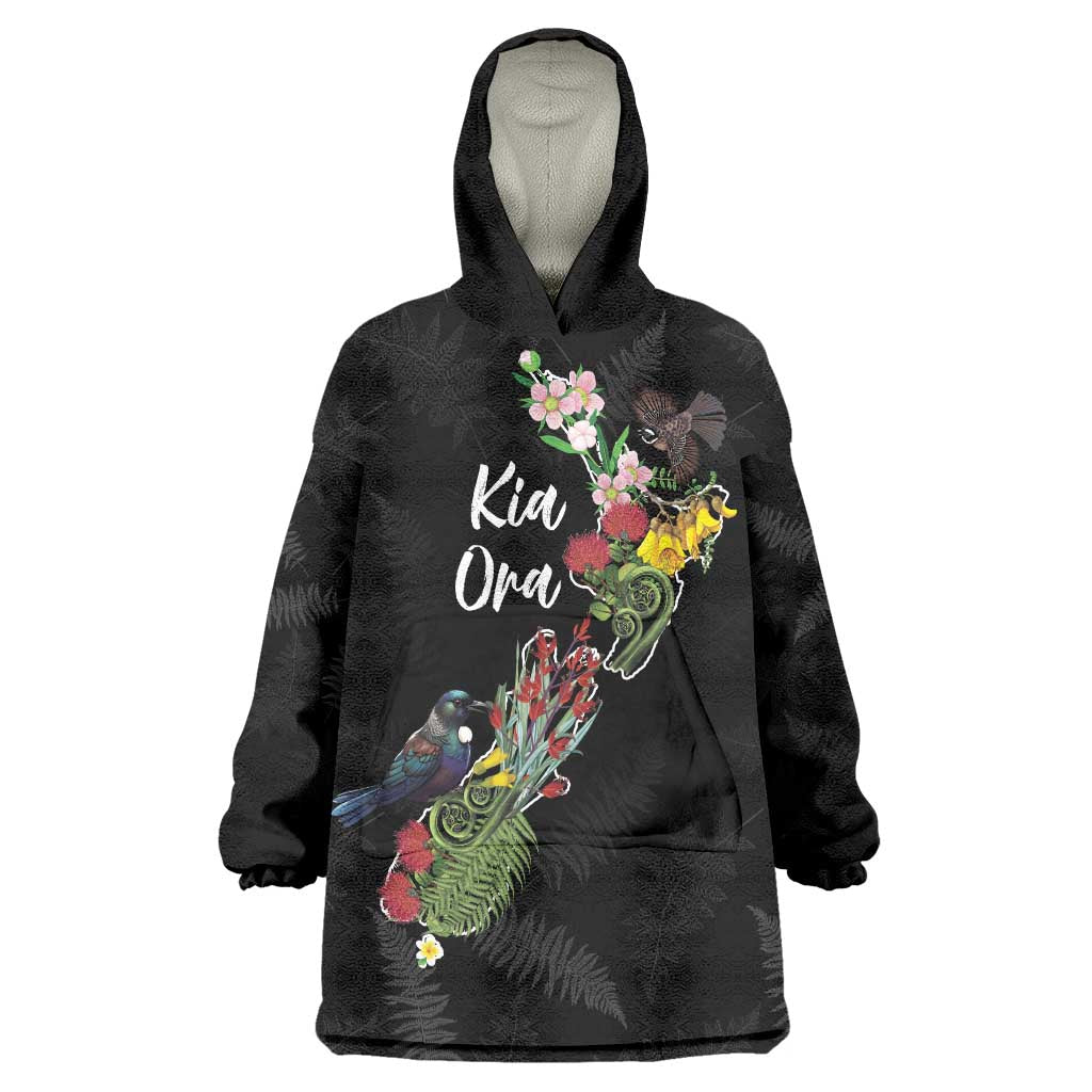 Kia Ora New Zealand Floral Personalized Wearable Blanket Hoodie Black LT7 One Size Black - Polynesian Pride