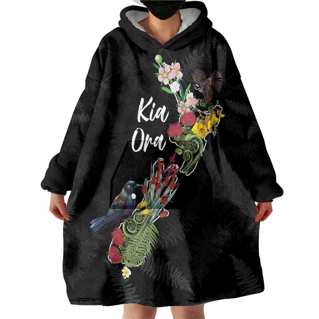 Kia Ora New Zealand Floral Personalized Wearable Blanket Hoodie Black LT7 - Polynesian Pride