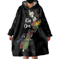 Kia Ora New Zealand Floral Personalized Wearable Blanket Hoodie Black LT7 - Polynesian Pride