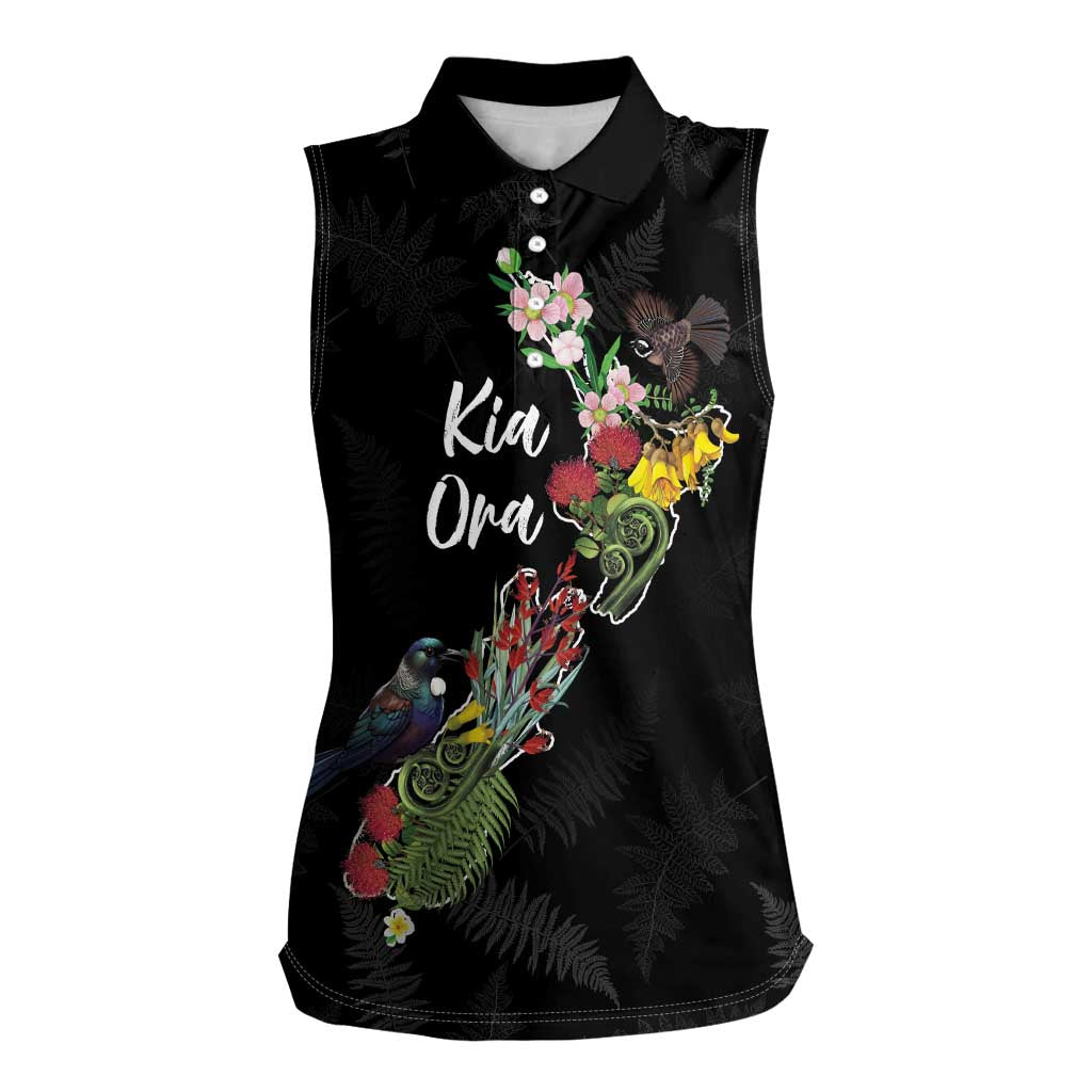 Kia Ora New Zealand Floral Personalized Women Sleeveless Polo Shirt Black LT7 Female Black - Polynesian Pride