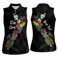 Kia Ora New Zealand Floral Personalized Women Sleeveless Polo Shirt Black LT7 - Polynesian Pride