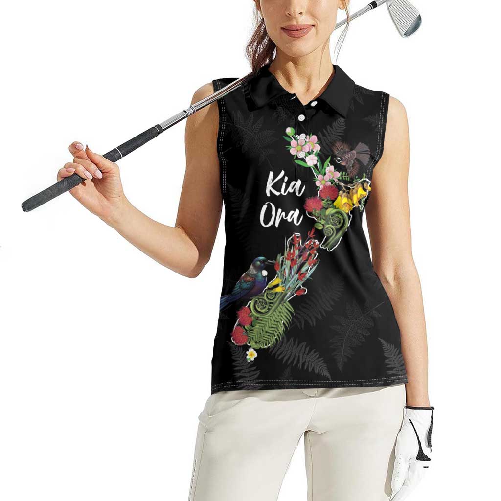 Kia Ora New Zealand Floral Personalized Women Sleeveless Polo Shirt Black LT7 - Polynesian Pride