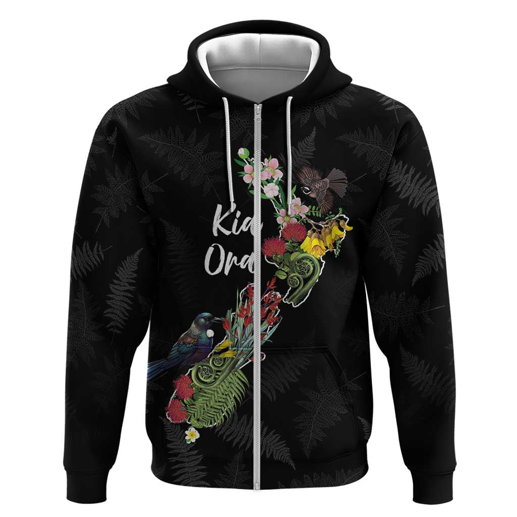 Kia Ora New Zealand Floral Personalized Zip Hoodie Black LT7 Zip Hoodie Black - Polynesian Pride