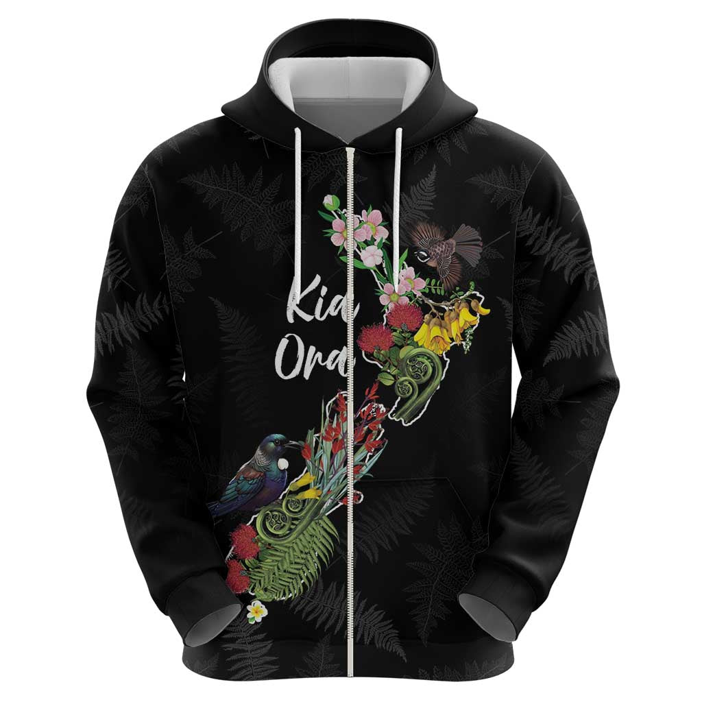 Kia Ora New Zealand Floral Personalized Zip Hoodie Black LT7 - Polynesian Pride