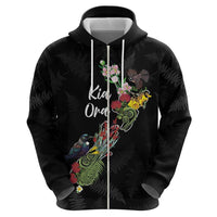 Kia Ora New Zealand Floral Personalized Zip Hoodie Black LT7 - Polynesian Pride