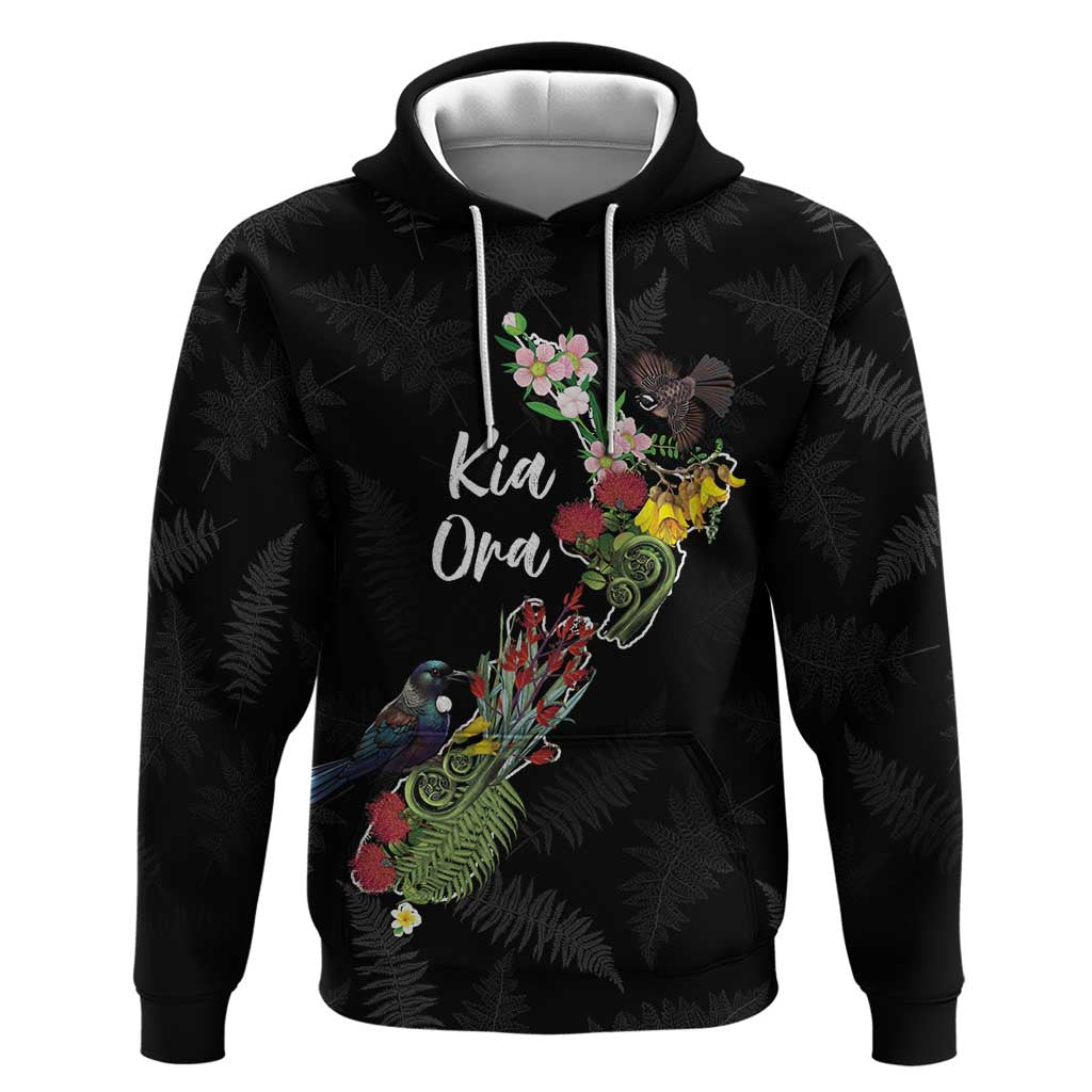 Kia Ora New Zealand Floral Personalized Zip Hoodie Black LT7 Pullover Hoodie Black - Polynesian Pride