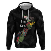 Kia Ora New Zealand Floral Personalized Zip Hoodie Black LT7 Pullover Hoodie Black - Polynesian Pride