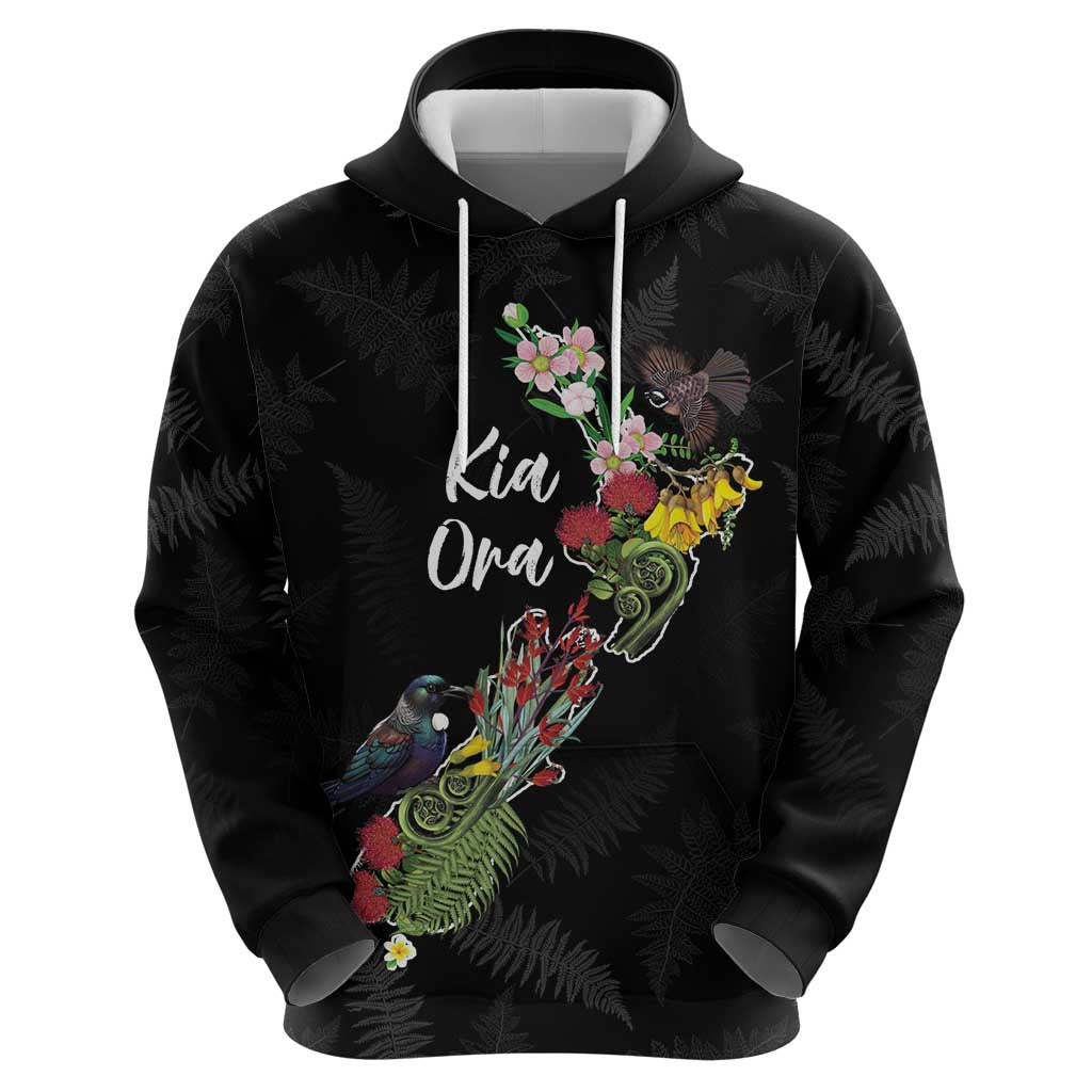 Kia Ora New Zealand Floral Personalized Zip Hoodie Black LT7 - Polynesian Pride