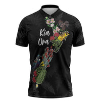 Kia Ora New Zealand Floral Personalized Zipper Polo Shirt Black LT7 Black - Polynesian Pride