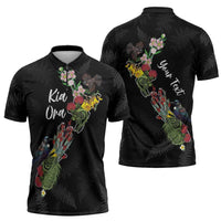 Kia Ora New Zealand Floral Personalized Zipper Polo Shirt Black LT7 - Polynesian Pride