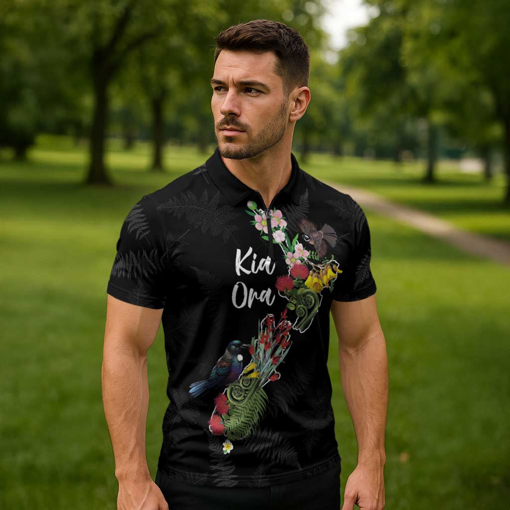 Kia Ora New Zealand Floral Personalized Zipper Polo Shirt Black LT7 - Polynesian Pride
