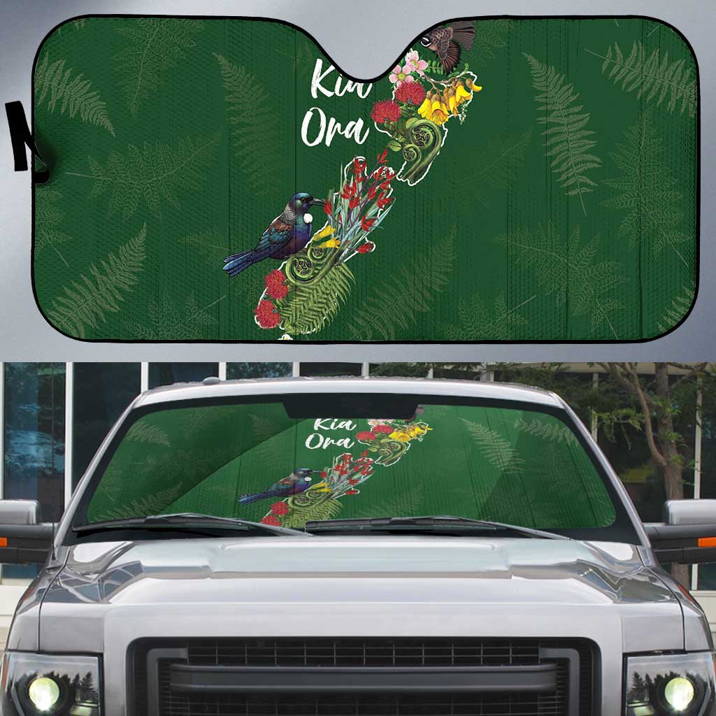 Kia Ora New Zealand Floral Auto Sun Shade Sage Green - Polynesian Pride