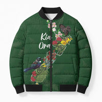 Kia Ora New Zealand Floral Personalized Bomber Puffer Jacket Sage Green LT7 Unisex Sage Green - Polynesian Pride