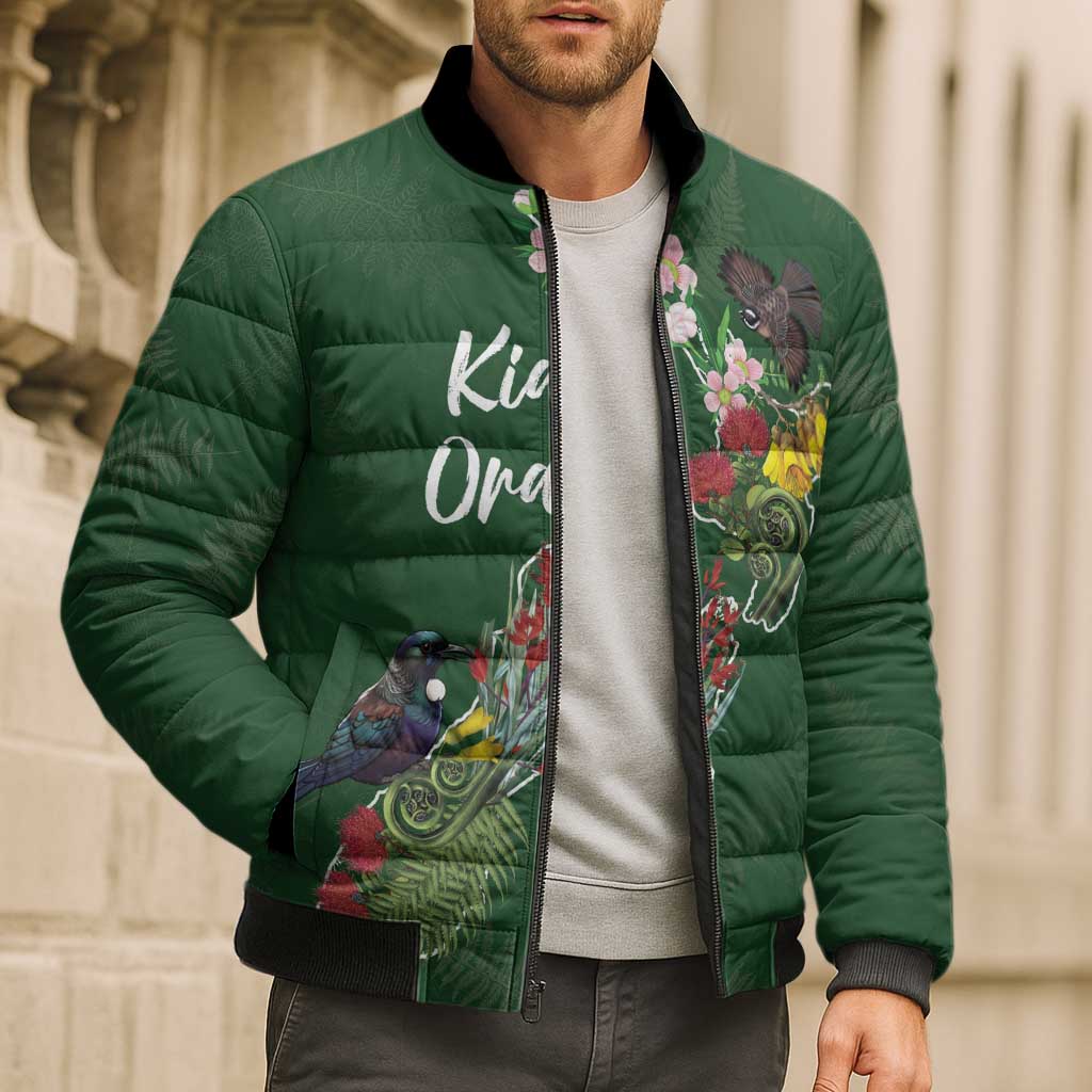 Kia Ora New Zealand Floral Personalized Bomber Puffer Jacket Sage Green LT7 - Polynesian Pride
