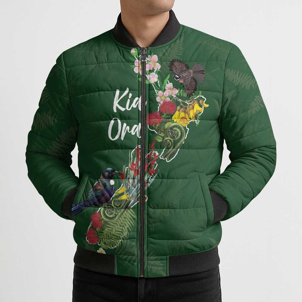 Kia Ora New Zealand Floral Personalized Bomber Puffer Jacket Sage Green LT7 - Polynesian Pride
