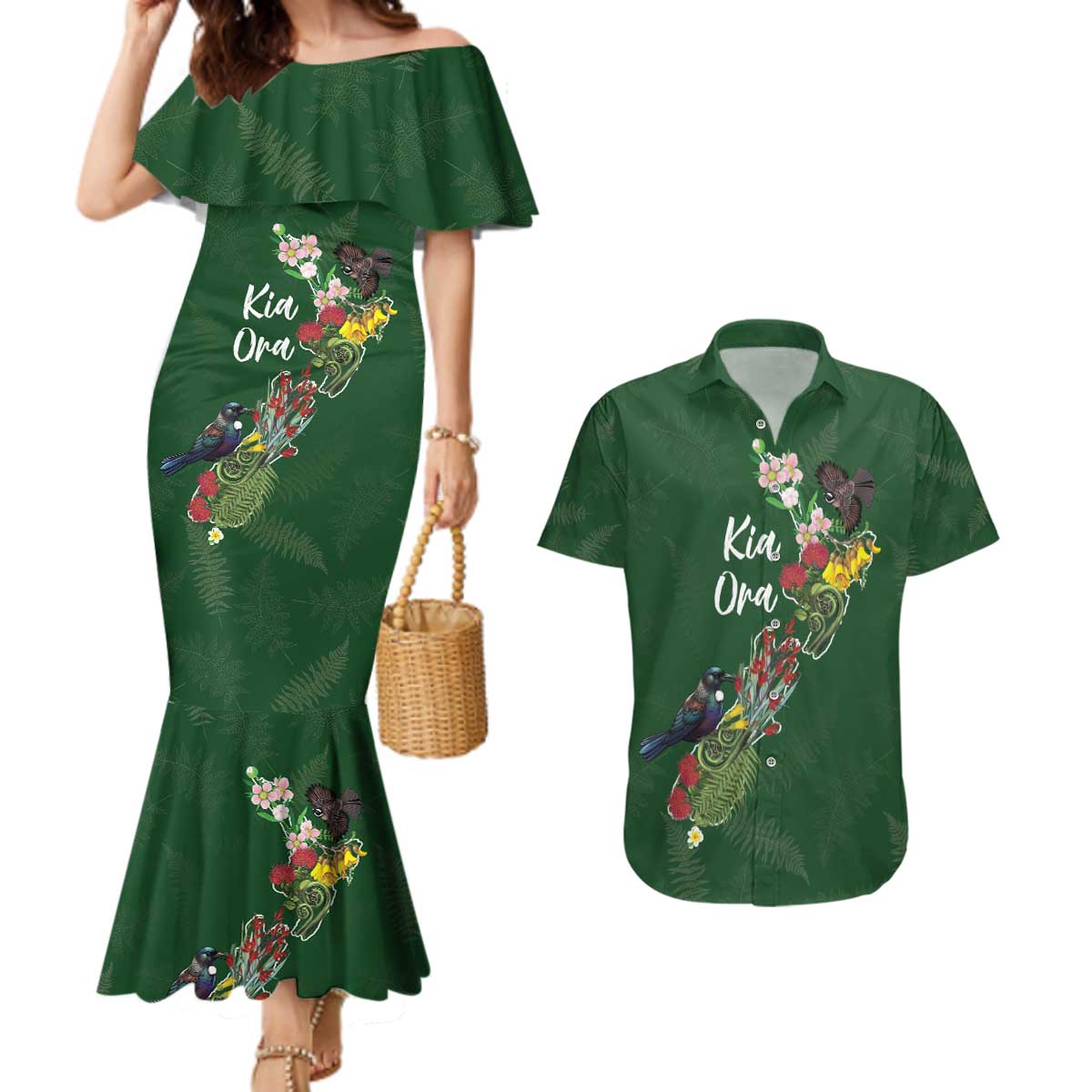 Kia Ora New Zealand Floral Personalized Couples Matching Mermaid Dress and Hawaiian Shirt Sage Green - Polynesian Pride