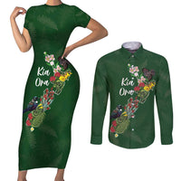 Kia Ora New Zealand Floral Personalized Couples Matching Short Sleeve Bodycon Dress and Long Sleeve Button Shirt Sage Green - Polynesian Pride