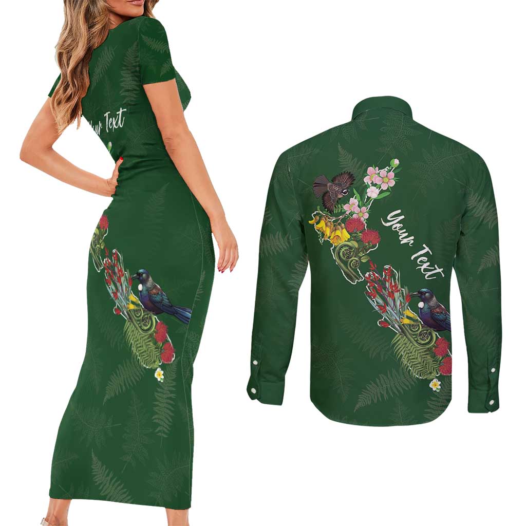 Kia Ora New Zealand Floral Personalized Couples Matching Short Sleeve Bodycon Dress and Long Sleeve Button Shirt Sage Green - Polynesian Pride