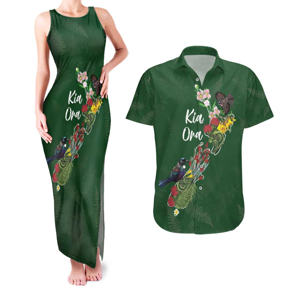 Kia Ora New Zealand Floral Personalized Couples Matching Tank Maxi Dress and Hawaiian Shirt Sage Green - Polynesian Pride