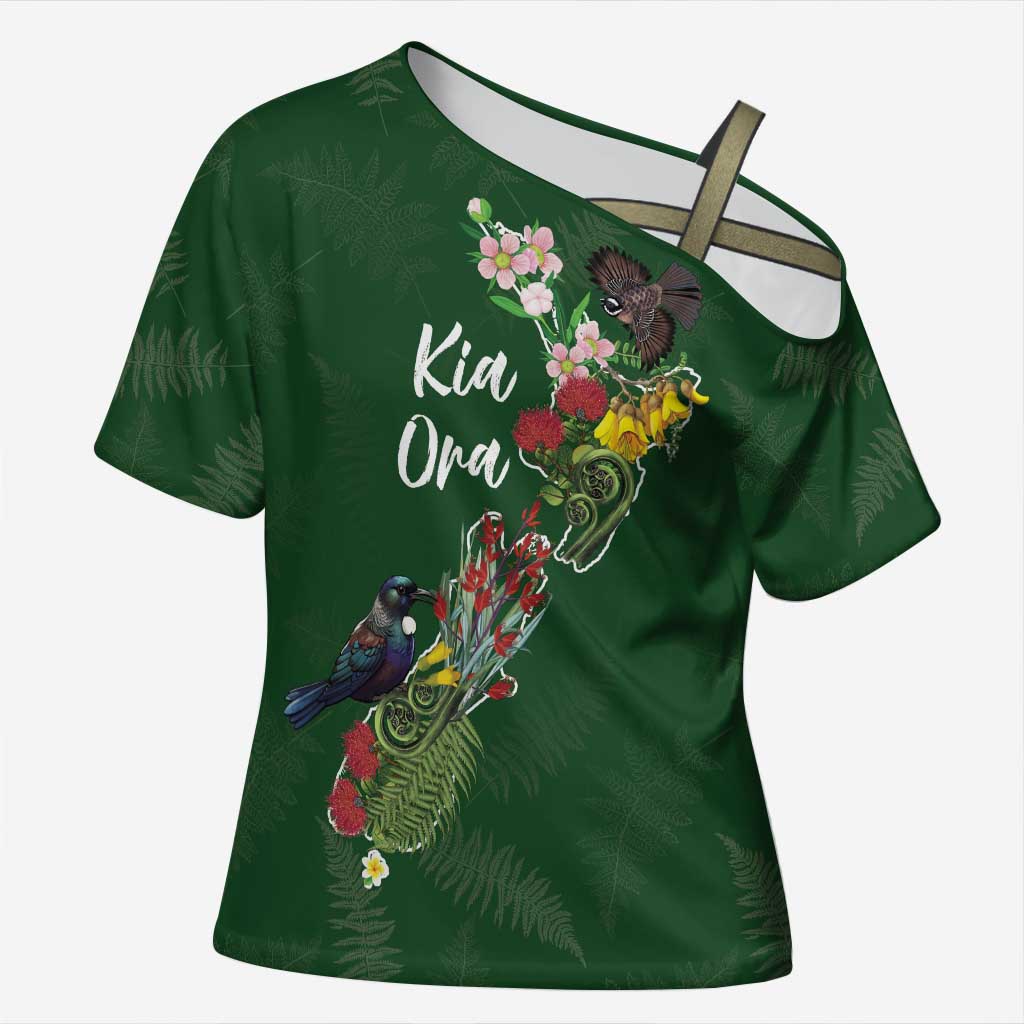 Kia Ora New Zealand Floral Personalized Cross Shoulder Shirt Sage Green LT7 Female Sage Green - Polynesian Pride