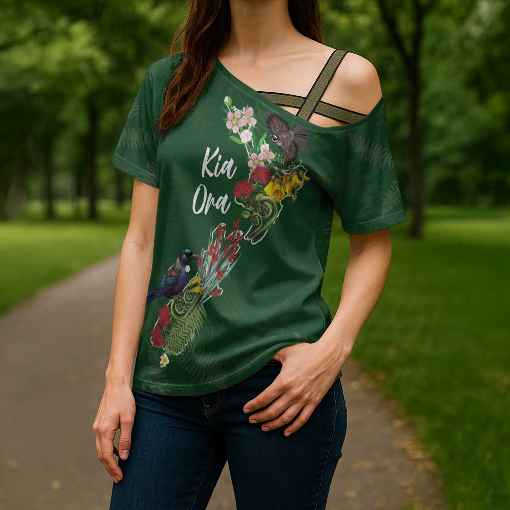 Kia Ora New Zealand Floral Personalized Cross Shoulder Shirt Sage Green LT7 - Polynesian Pride