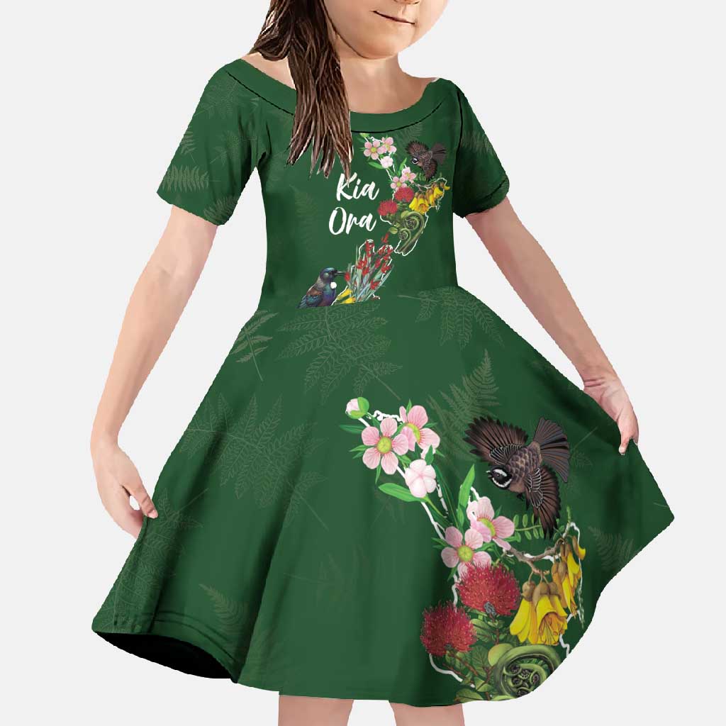 Kia Ora New Zealand Floral Personalized Family Matching Long Sleeve Bodycon Dress and Hawaiian Shirt Sage Green - Polynesian Pride