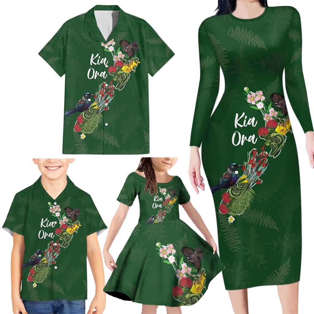 Kia Ora New Zealand Floral Personalized Family Matching Long Sleeve Bodycon Dress and Hawaiian Shirt Sage Green - Polynesian Pride