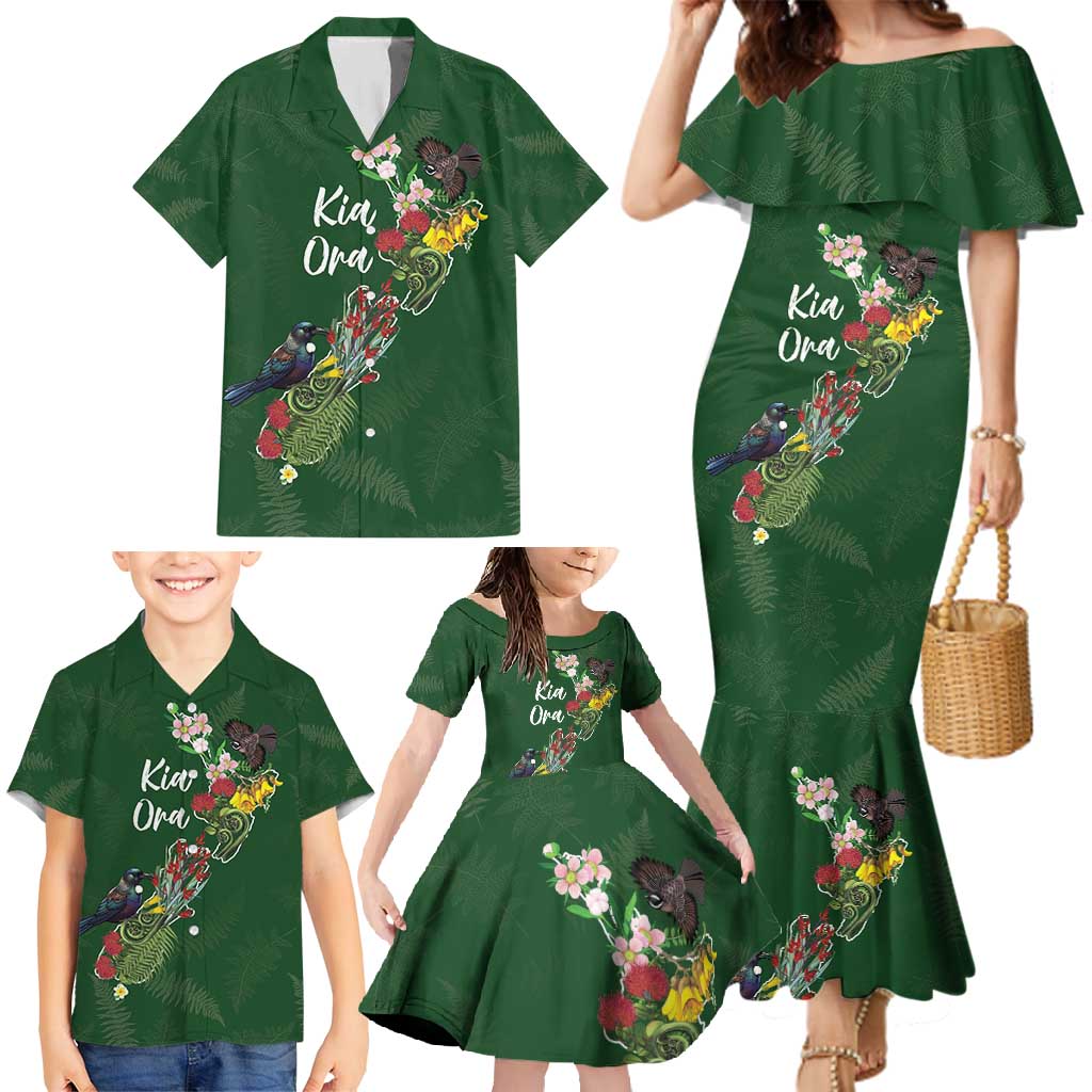 Kia Ora New Zealand Floral Personalized Family Matching Mermaid Dress and Hawaiian Shirt Sage Green - Polynesian Pride