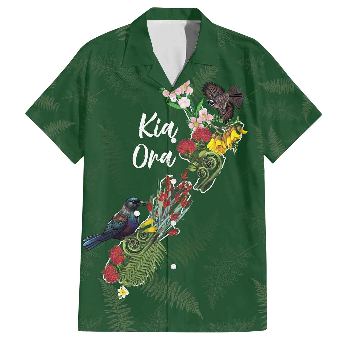 Kia Ora New Zealand Floral Personalized Family Matching Off The Shoulder Long Sleeve Dress and Hawaiian Shirt Sage Green - Polynesian Pride