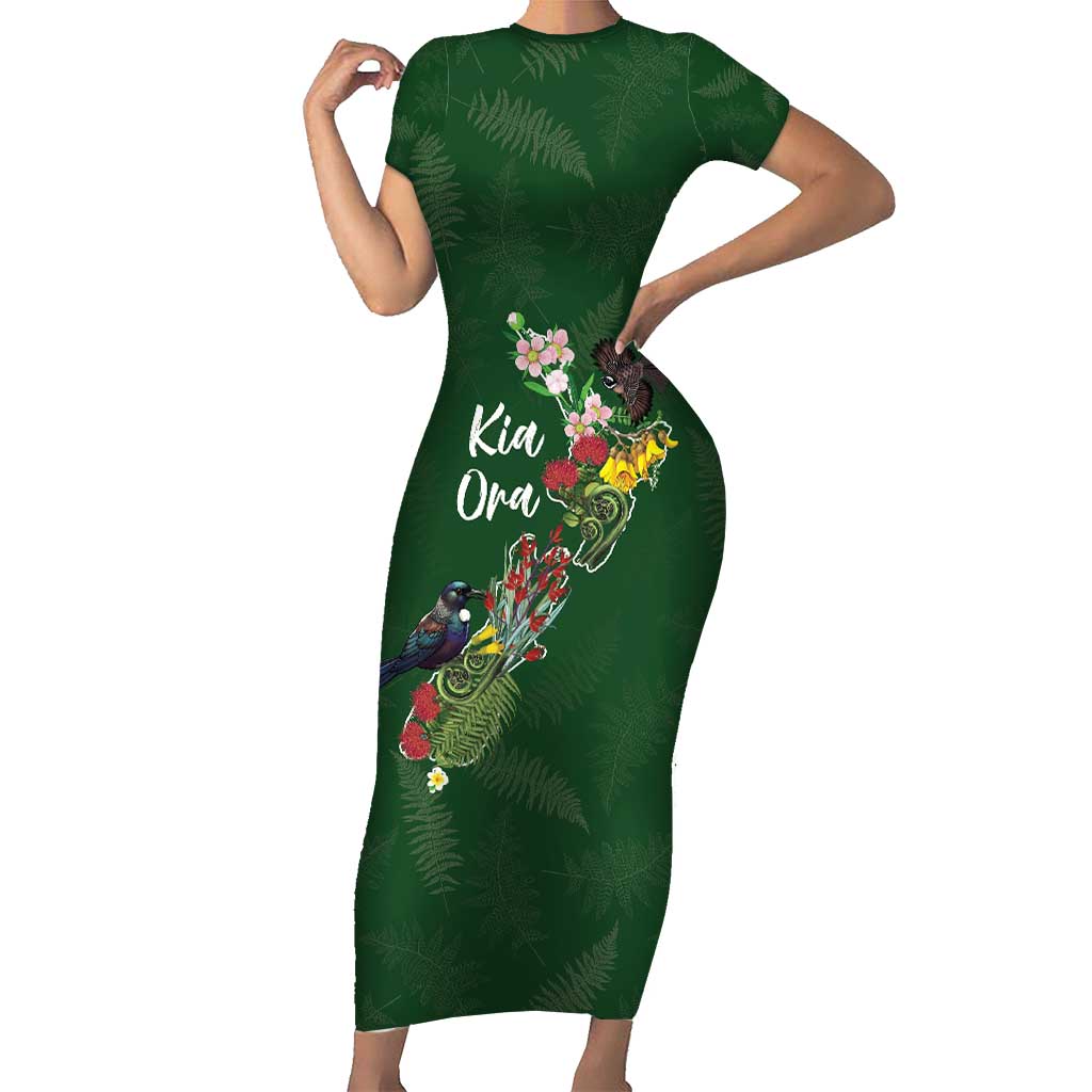 Kia Ora New Zealand Floral Personalized Family Matching Short Sleeve Bodycon Dress and Hawaiian Shirt Sage Green - Polynesian Pride