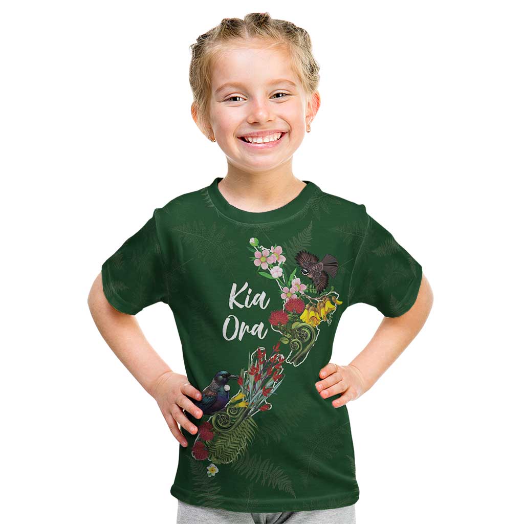 Kia Ora New Zealand Floral Personalized Kid T Shirt Sage Green - Polynesian Pride