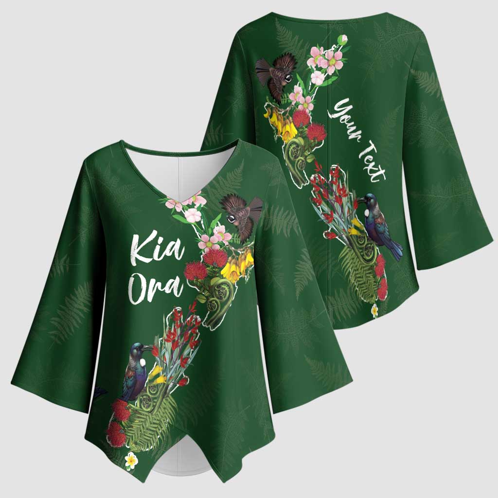 Kia Ora New Zealand Floral Personalized Kimono Sleeve Blouse Sage Green - Polynesian Pride
