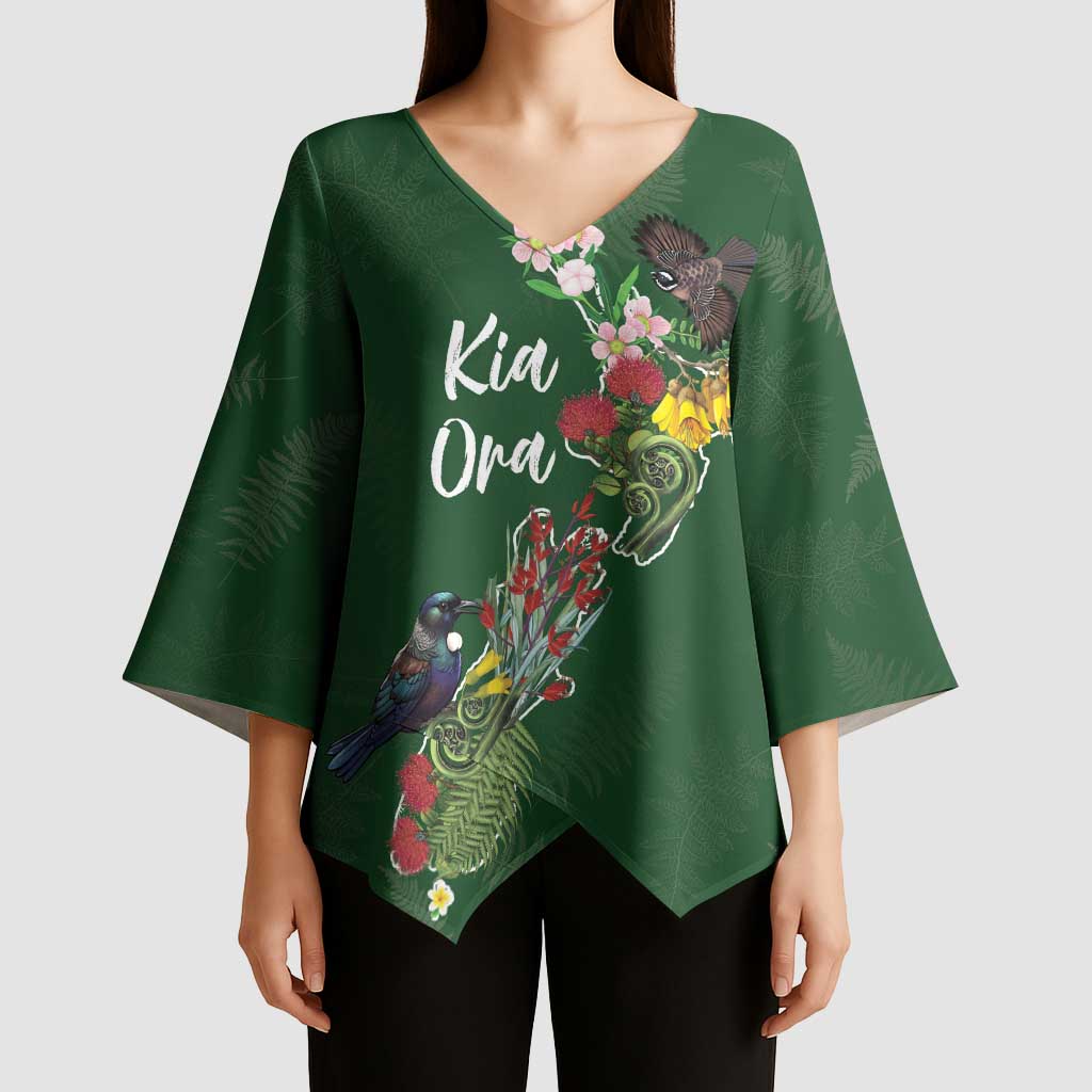 Kia Ora New Zealand Floral Personalized Kimono Sleeve Blouse Sage Green - Polynesian Pride