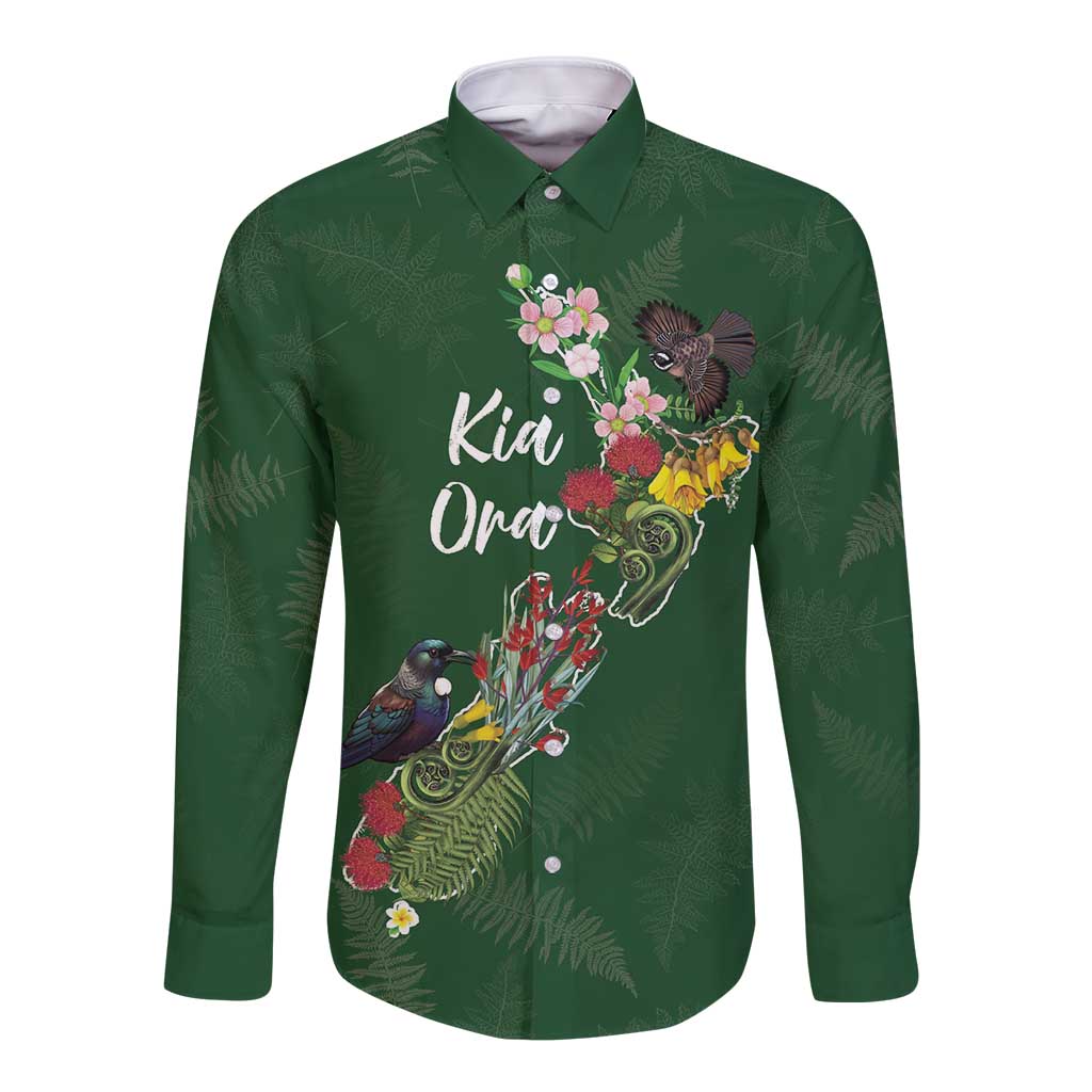 Kia Ora New Zealand Floral Personalized Long Sleeve Button Shirt Sage Green LT7 Unisex Sage Green - Polynesian Pride