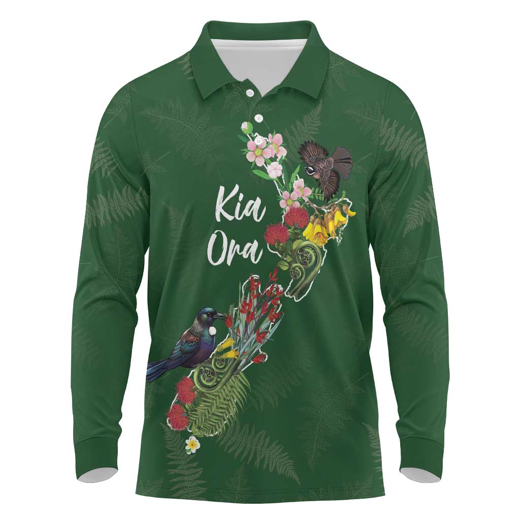 Kia Ora New Zealand Floral Personalized Long Sleeve Polo Shirt Sage Green - Polynesian Pride