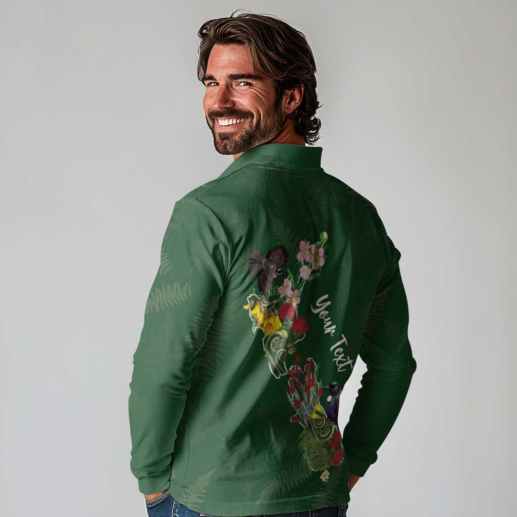 Kia Ora New Zealand Floral Personalized Long Sleeve Polo Shirt Sage Green - Polynesian Pride
